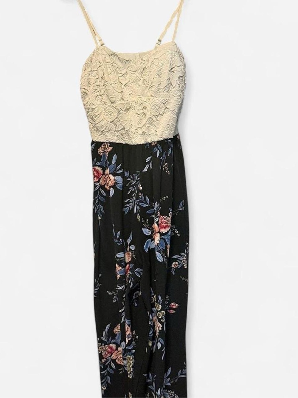 Candie's Lace Floral Wide Leg Jumpsuit Medium Black Cream